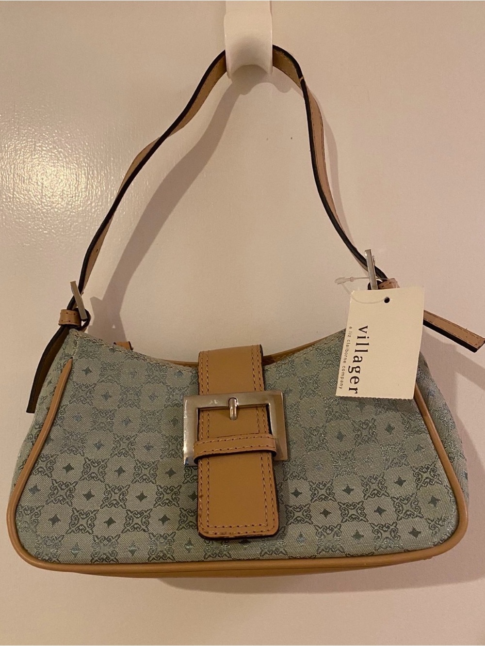 Vintage villager Light Green Patterned Shoulder Bag with Tan Trim